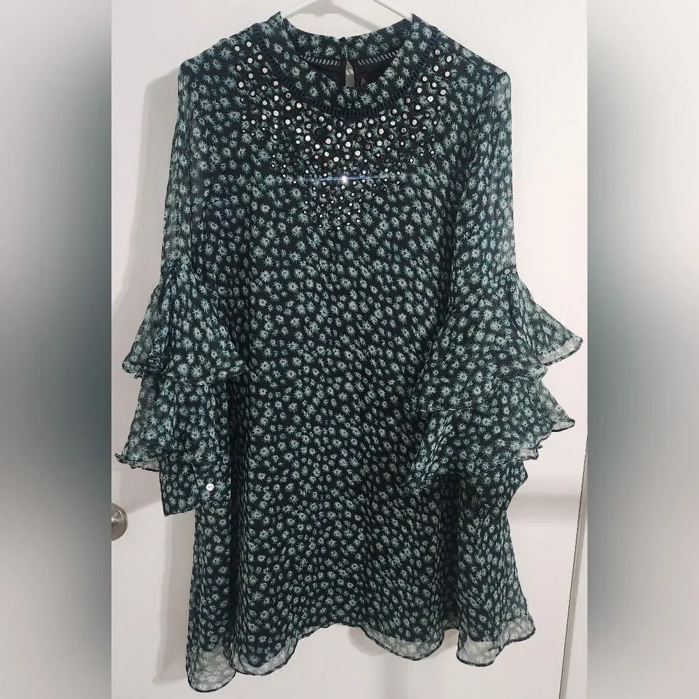 Floral Ruffle-Sleeve Shift Dress - Teal/Black - Picture 8 of 12